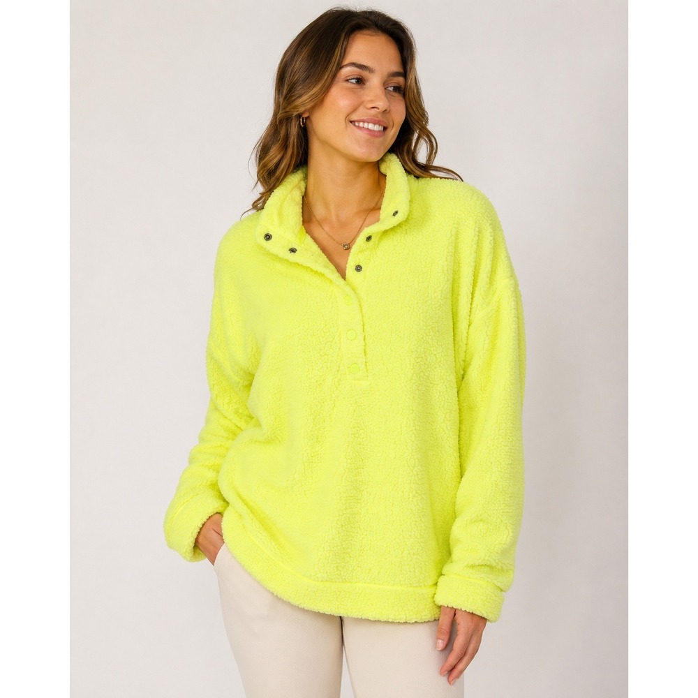 Aerie AEO Neon Yellow Sherpa Fleece Snap Button Mock Neck Pullover Sweatshirt M